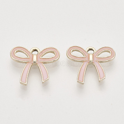 Light Gold Plated Alloy Pendants, with Enamel, Bowknot, Pink, 16x18x2.5mm, Hole: 2mm(X-ENAM-T009-40A)