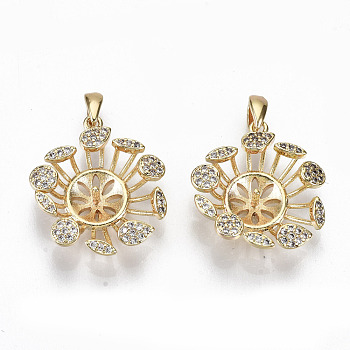 Brass Micro Pave Clear Cubic Zirconia Peg Bails Pendants, with Brass Pinch Bail, for Half Drilled Bead, Nickel Free, Flower, Real 18K Gold Plated, 20x19x5.5mm, Hole: 2.5x4mm, Pin: 1.1mm