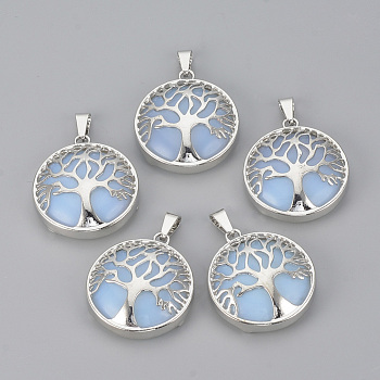 Opalite Pendants, with Brass Findings, Flat Round with Tree of Life, Platinum, 30.5x27x8mm, Hole: 7x3mm