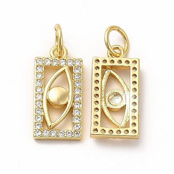 Rack Plating Brass Micro Pave Cubic Zirconia Charms, Rectangle with Eye Charm, with Jump Ring, Real 18K Gold Plated, 15x7.5x2mm, Hole: 3.6mm