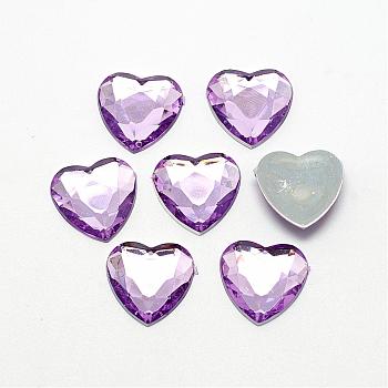 Acrylic Rhinestone Flat Back Cabochons, Faceted, Bottom Silver Plated, Heart, Medium Purple, 25x25x4.5~4.8mm