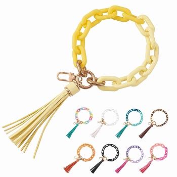 Chain Link Wristlet Keychain, Acrylic Bracelet Tassel Keychain, with Alloy Findings, Yellow, 28cm