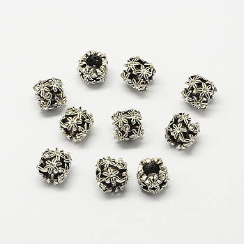 Hollow Flower Alloy Rhinestone Large Hole European Beads, Antique Silver, Crystal, 10x10mm, Hole: 5mm