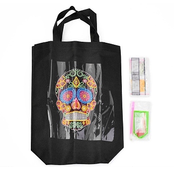 DIY Diamond Painting Handbag Art Kits, Reusable Shopping Tote Cloth Bag, for Woman Home Organizer Craft, Skull Pattern, Black, 55.5x39x9.4cm