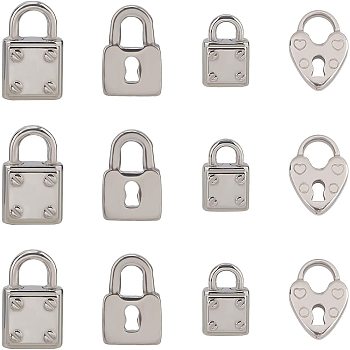 20Pcs 4Styles 304 Stainless Steel Pendants, Padlock, Stainless Steel Color, 12x7.5x3mm, Hole: 3mm