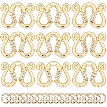 12Pcs Brass Micro Pave Clear Cubic Zirconia S-Hook Clasps, M Clasps with 30Pcs Brass Open Jump Rings, Golden, S-Hook Clasp: 13.5x10.5x1.5mm