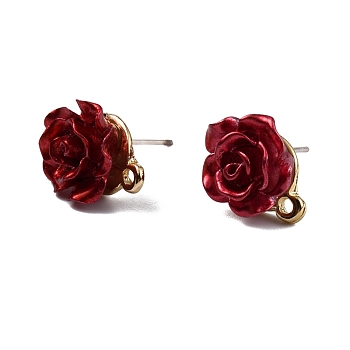 Resin Stud Earring Findings, with Alloy Pins and Loop, Rose, Dark Red, 14x12mm, Hole: 1.4mm, Pin: 0.6mm