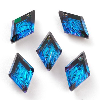 Embossed Glass Rhinestone Pendants, Rhombus, Faceted, Bermuda Blue, 13x8x4.2mm, Hole: 1.2mm