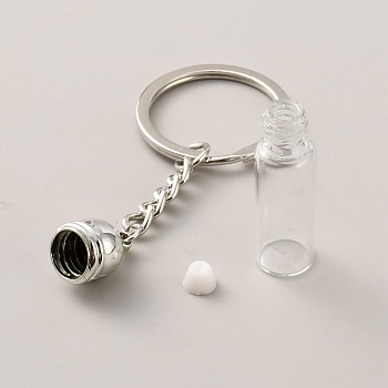 Acrylic & Iron Keychains, with Split Key Ring & Glass Bottle, Platinum, 35x11mm