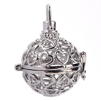 Rack Plating Brass Cage Pendants, For Chime Ball Pendant Necklaces Making, Hollow Round with Heart, Platinum, 30x29x24mm, Hole: 5x6mm, inner measure: 19mm