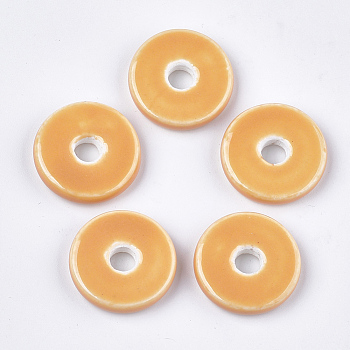Handmade Porcelain Beads, Bright Glazed Porcelain, Flat Round/Disc, Orange, 21~22x6mm, Hole: 5mm