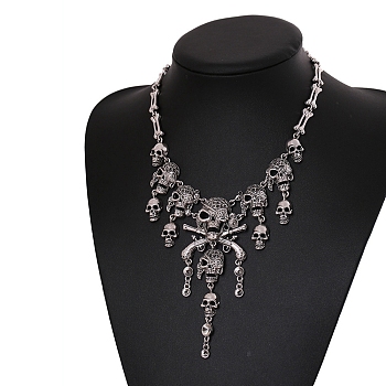 Alloy Skull Bib Necklace, Halloween Tassel Stackable Necklace for Women, Antique Silver, 18.18 inch(46.2cm)