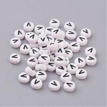 Flat Round with Letter V Acrylic Beads, with Horizontal Hole, White & Black, Size: about 7mm in diameter, 4mm thick, hole: 1mm