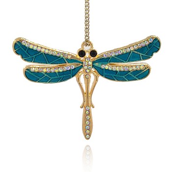 Golden Plated Alloy Pendants, with Enamel and Rhinestone, Dragonfly, Teal, 46x66x4mm, Hole: 2.5mm