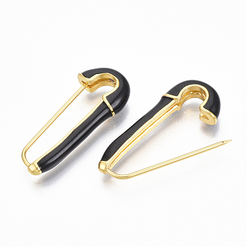 Brass Enamel Safety Pins Earrings, Real 18K Gold Plated, Nickel Free, Black, 28x12x4mm, Pin: 1mm