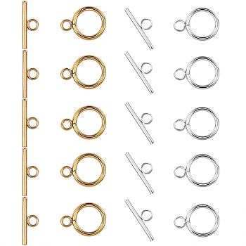 10 Set 2 Colors 304 Stainless Steel Toggle Clasps Set, with 20pcs Iron Open Jump Rings, Golden & Silver, 6x0.7mm, 5 set/color
