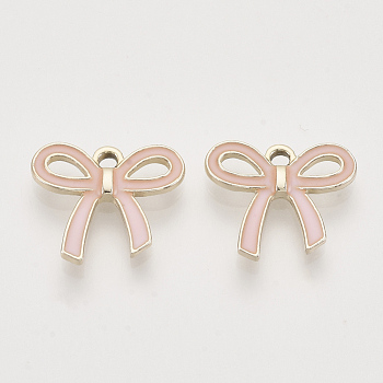 Light Gold Plated Alloy Pendants, with Enamel, Bowknot, Pink, 16x18x2.5mm, Hole: 2mm