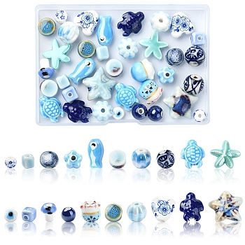 40Pcs 20 Styles Handmade Pearlized Porcelain Beads, Pearlized, Mixed Shapes, Sky Blue, 8~19x7.5~17x5~11.5mm, Hole: 1.5~3mm, 2pcs/style