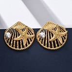 Shell Shape with Starfish 304 Stainless Steel Plastic Imitation Pearl Stud Earrings, Real 18K Gold Plated, 34x35mm(EJEW-Z109-04G)