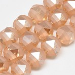 Electroplate Glass Beads Strands, Rainbow Plated, Frosted, Faceted, Round, Light Salmon, 7~8x7mm, Hole: 1.5mm, about 68~70pcs/strand, 18.5~19.29 inch(47~49cm)(EGLA-Q085-8mm-05)