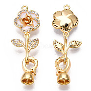 Brass Crystal Rhinestone Fold Over Clasps, with Enamel, Real 18K Gold Plated, Flower, White, Flower: 17x12x4mm, Leaf: 15x12.5x4.5mm, Clasps: 12x7x6mm, Inner Diamater: 4.5mm, Pin: 0.6mm(KK-P223-28G-01)