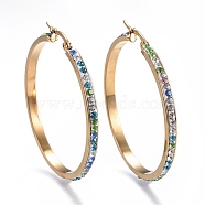 201 Stainless Steel Hoop Earrings, with Rhinestone, Ring, Golden, 46.5x45.5x3.1mm, Pin: 0.8mm(EJEW-A052-35A)