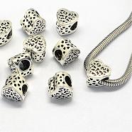 Alloy European Beads, Large Hole Beads, Heart, Hollow, Antique Silver, 10.5x10.5x8mm, Hole: 5mm(PALLOY-S079-006AS)