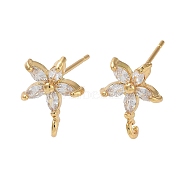 Brass Micro Pave Cubic Zirconia Studs Earring Findings, Long-Lasting Plated, Lead Free & Cadmium Free, Flower, Real 18K Gold Plated, 13x10mm, Hole: 1.2mm, Pin: 11.5x0.6mm(KK-K364-03G)