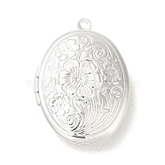 Rack Plating Brass Locket Pendants, Photo Frame Charms for Necklaces, Long-Lasting Plated, Oval with Flower Charm, Silver, 33x24x7mm, Hole: 1.6mm, Inner Diameter: 23.5x17.5mm(KK-K277-03S)