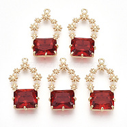 Golden Tone Brass Pendants, with Faceted Glass, Red, 28~30x16~18x6.5mm, Hole: 1.6mm(X-GLAA-R212-09D)