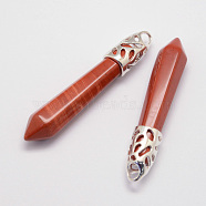 Natural Red Jasper Big Pointed Pendants, with Alloy Findings, Bullet, Platinum, 57~63x13x10mm, Hole: 3x4mm(G-D860-C20-P)