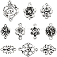 100Pcs 10 Styles Tibetan Style Alloy Connector Charms, Flower Links, Antique Silver, 12~26x8~21x1~3.5mm, Hole: 1.5~2mm, 10pcs/style(FIND-SC0008-18)