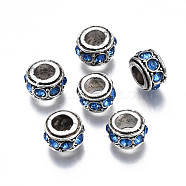 Alloy Rhinestone European Beads, December Birthstone Beads, Large Hole Beads, Cadmium Free & Lead Free, Fit European Bracelet Jewelry Making, Antique Silver, Rondelle, Sapphire, 11x6.5mm, Hole: 5mm(MPDL-Q212-001B-RS)