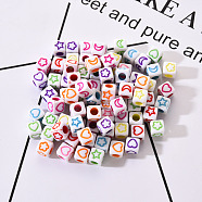 Craft White Acrylic Beads, Cube with Mixed Color Star & Moon & Flower & Heart, 5.5~6x5.5~6x5.5~6mm, Hole: 3mm, about 100pcs/bag(SACR-YW0001-14)