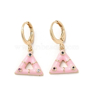 Triangle Real 18K Gold Plated Brass Dangle Leverback Earrings, with Enamel and Cubic Zirconia, Pink, 27x13.5mm(EJEW-L268-030G-01)