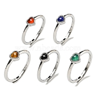 Heart Natural Mixed Stone Adjustable Rings, Brass Ring for Women, Long-Lasting Plated, Lead Free & Cadmium Free, Platinum, Inner Diameter: 18mm(RJEW-Q818-02P)