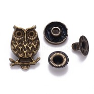 Brass Snap Buttons, Alloy Cap, Garment Buttons, Cadmium Free & Lead Free, Owl Shape, Antique Bronze, Cap: 21.5x15mm, Pin: 3mm, Stud: 10x4mm, knob: 4.5mm & 10x6.5mm, knob: 3.5mm, Socket: 12x4mm, half-drill: 5mm(SNAP-S012-008-RS)