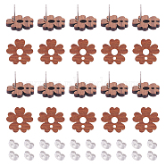 Unicraftale 30Pcs Walnut Wood Flower Stud Earring Findings, with 316 Stainless Steel Pins and Hole and 30Pcs 304 Stainless Steel Ear Nuts, Sienna, 17x18mm, Hole: 1.8mm, Pin: 0.7mm(STAS-UN0045-64)