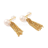 Sterling Silver Studs Earrings, with Natural Pearl,  Jewely for Women, Tassels, Real 18K Gold Plated, 28x7mm(EJEW-K273-12G)