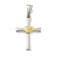 304 Stainless Steel Pendants, Cross with Heart Charm, Golden & Stainless Steel Color, 23.5x16x2.5mm, Hole: 7x3.5mm(STAS-C102-14GP)
