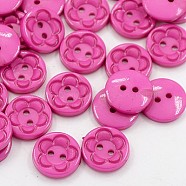 Acrylic Sewing Buttons for Clothes Design, Plastic Buttons, 2-Hole, Dyed, Flat Round with Flower Pattern, Magenta, 15x3mm, Hole: 1mm(BUTT-E083-E-05)