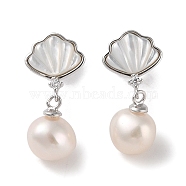 Sterling Silver Stud Earrings, with Natural Pearl and Cubic Zirconia, Shell Shape, Platinum, 20.5x9.5mm(EJEW-C087-04P)