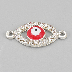 Alloy Rhinestone Links connectors, Cadmium Free & Lead Free, Evil Eye, Red, Silver Color Plated, 22x10x2mm, Hole: 1mm(ALRI-S170-22S)