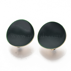 Light Gold Plated Iron Stud Earring Findings, with Enamel and Loop, Flat Round, Cadmium Free & Nickel Free & Lead Free, Dark Green, 20.5mm, Hole: 4mm, Pin: 0.9mm(X-IFIN-T014-01A-NR)