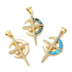 Rack Plating Brass Micro Pave Cubic Zirconia Pendants, with Plastic Pearl Beads, Cadmium Free & Lead Free, Long-Lasting Plated, Real 18K Gold Plated, Moon, 31.5x18.5x3mm, Hole: 4x3mm(KK-P268-08C-G)