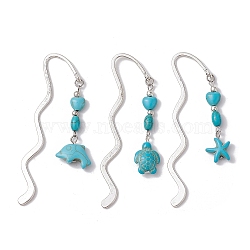 3Pcs 3 Styles Zinc Alloy Wavy Bookmarks, Starfish Dolphin Turtle Synthetic Turquoise Bead Pendant Bookmark, Antique Silver, 85.5mm, 1pc/style(AJEW-JK00297)