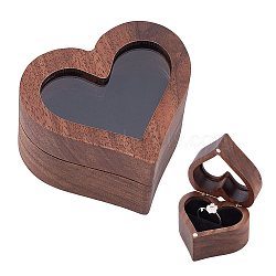 Heart Wood Ring Storage Boxes, Flip Cover Case, with Clear Window and Magnetic Clasps, for Wedding, Proposal, Valentine's Day, Coconut Brown, 5.3x6x3.75cm, Inner Diameter: 3.05x4.95cm, Window: 2.6x4.6cm(CON-WH0087-50)