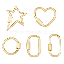 5Pcs 5 Styles Brass Screw Carabiner Lock Charms, for Necklaces Making, Mixed Shapes, 20~27.5x14~24x1.5~2mm, Screw: 6~7.5x4x4.5~5.5mm, 1pc/style(ZIRC-DC0001-36)
