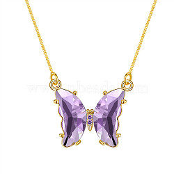 SHEGRACE Brass Box Chain Necklaces, with Glass and Grade AAA Cubic Zirconia, Butterfly, Medium Purple, Real 18K Gold Plated, 17.7 inch(45cm)(JN008A-X)