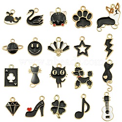 20Pcs 20 Styles Alloy Enamel Pendants, Mixed Shapes, Black, 12.5~24.5x7~24.5x1~3mm, Hole: 1.5~2mm, 1pc/style(ENAM-FS0001-73B)